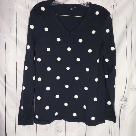 Tommy Hilfiger Tops - Tommy Hilfiger Dark Blue and White Polka Dot Preppy V-Neck Women's Sweater